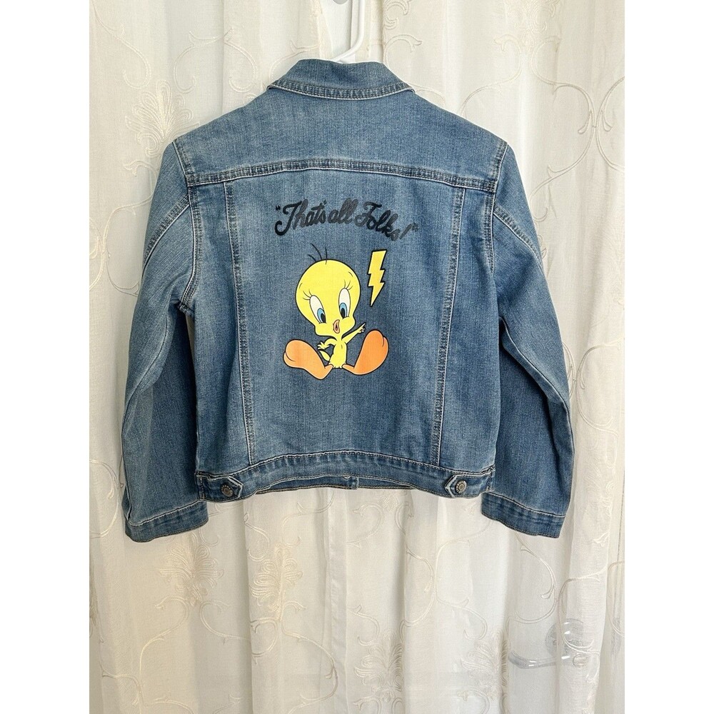 Youth Looney Tunes Tweety Bird Denim Jacket That's All Folks Graphic Sz 10/12